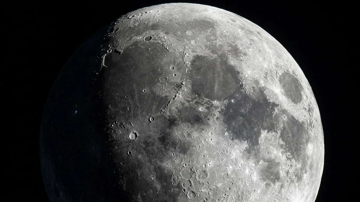 Close view of the waxing gibbous Moon about two-thirds illuminated, craters sharp along the terminator