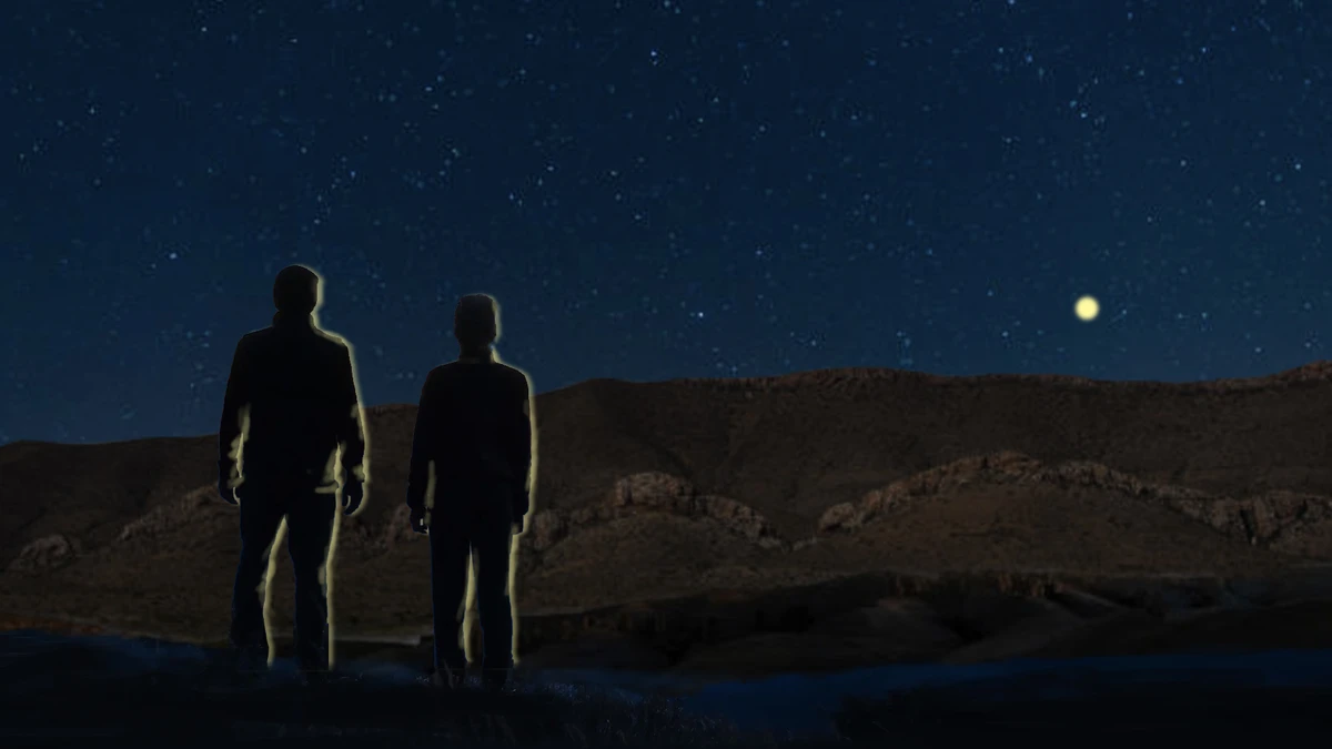 FBI digital rendering of two federal agents silhouetted at night watching a single glowing orb in a starry sky over open desert