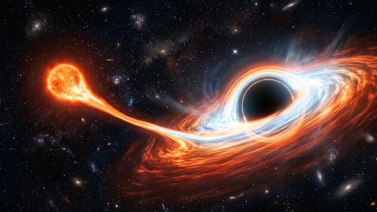 A star being stretched into a thin stream of glowing gas as it spirals into a swirling accretion disk around a black hole