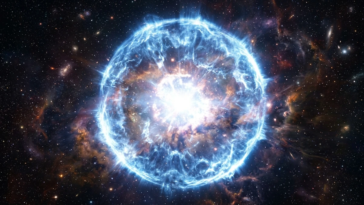 A powerful shock wave of glowing gas expanding outward from a bright cosmic explosion at extreme speed through surrounding space