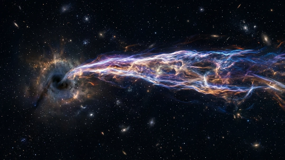 A dense stream of glowing helium gas trailing away from the site of a black hole explosion into the darkness of deep space