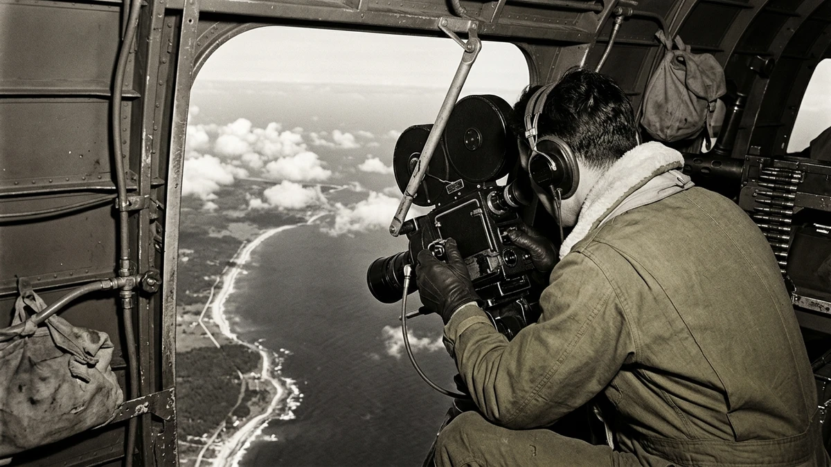 A 1940s naval aerial photographer seen from behind, operating a large camera from the open hatch of a patrol aircraft over a coastline