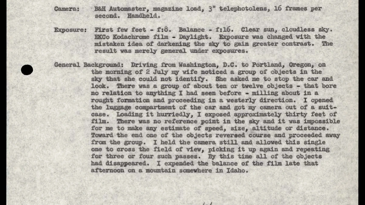 Typed 1952 statement by Delbert C. Newhouse listing his camera, exposure and a description of about ten or twelve objects milling about in a rough formation