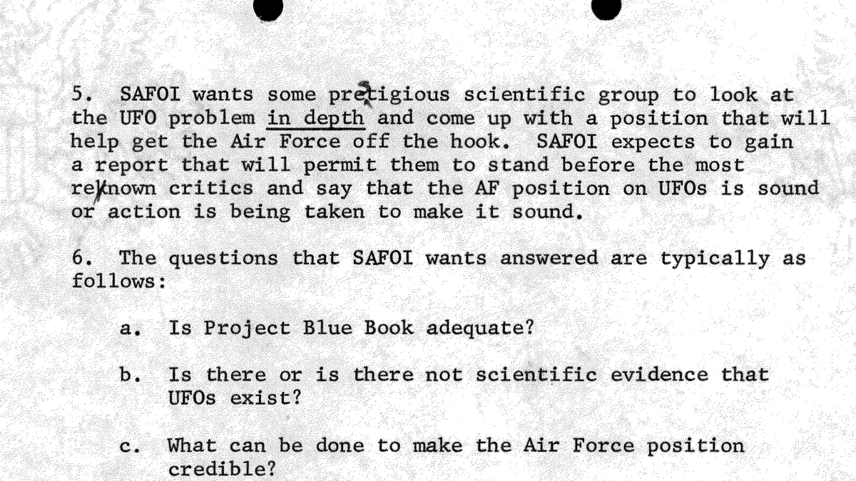 Typed 1966 Air Force memo, paragraphs 5 and 6, saying the Office of Information wants a prestigious scientific group to help get the Air Force off the hook, and listing three questions including 'Is Project Blue Book adequate?'