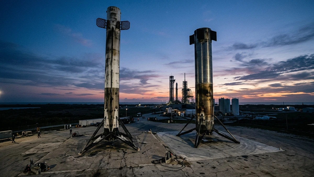 Side-by-side illustration of the Falcon 9 and the slightly shorter stainless steel Zhuque-3 standing on their landing legs against a twilight sky