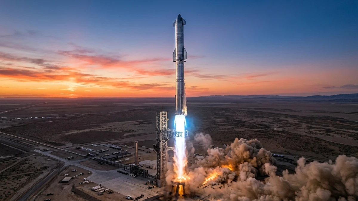 Zhuque-3 climbing away from its Gobi Desert launch pad at dawn on a bright blue-white methane flame