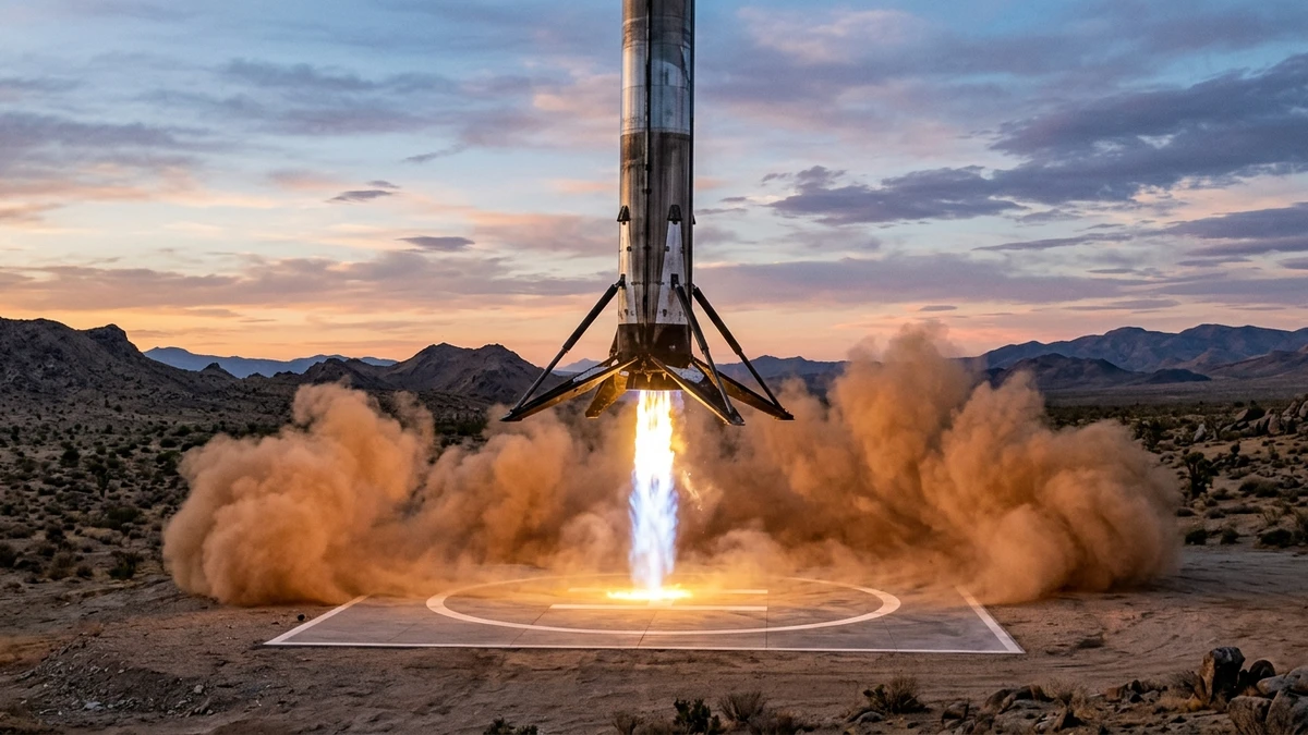 The Zhuque-3 first stage descending on a single engine plume towards a concrete landing pad in the Gobi Desert, landing legs deployed