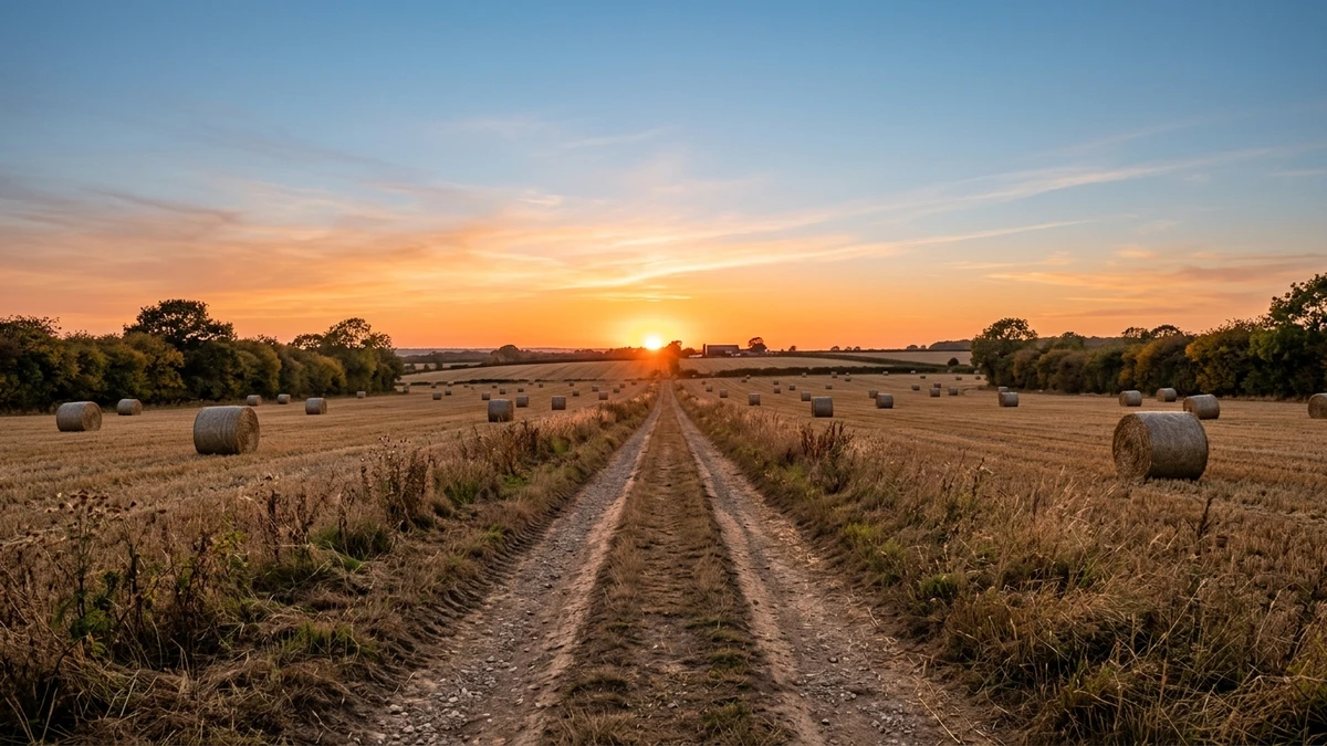 The Sun setting at the far end of a straight farm track between stubble fields and hay bales in late September