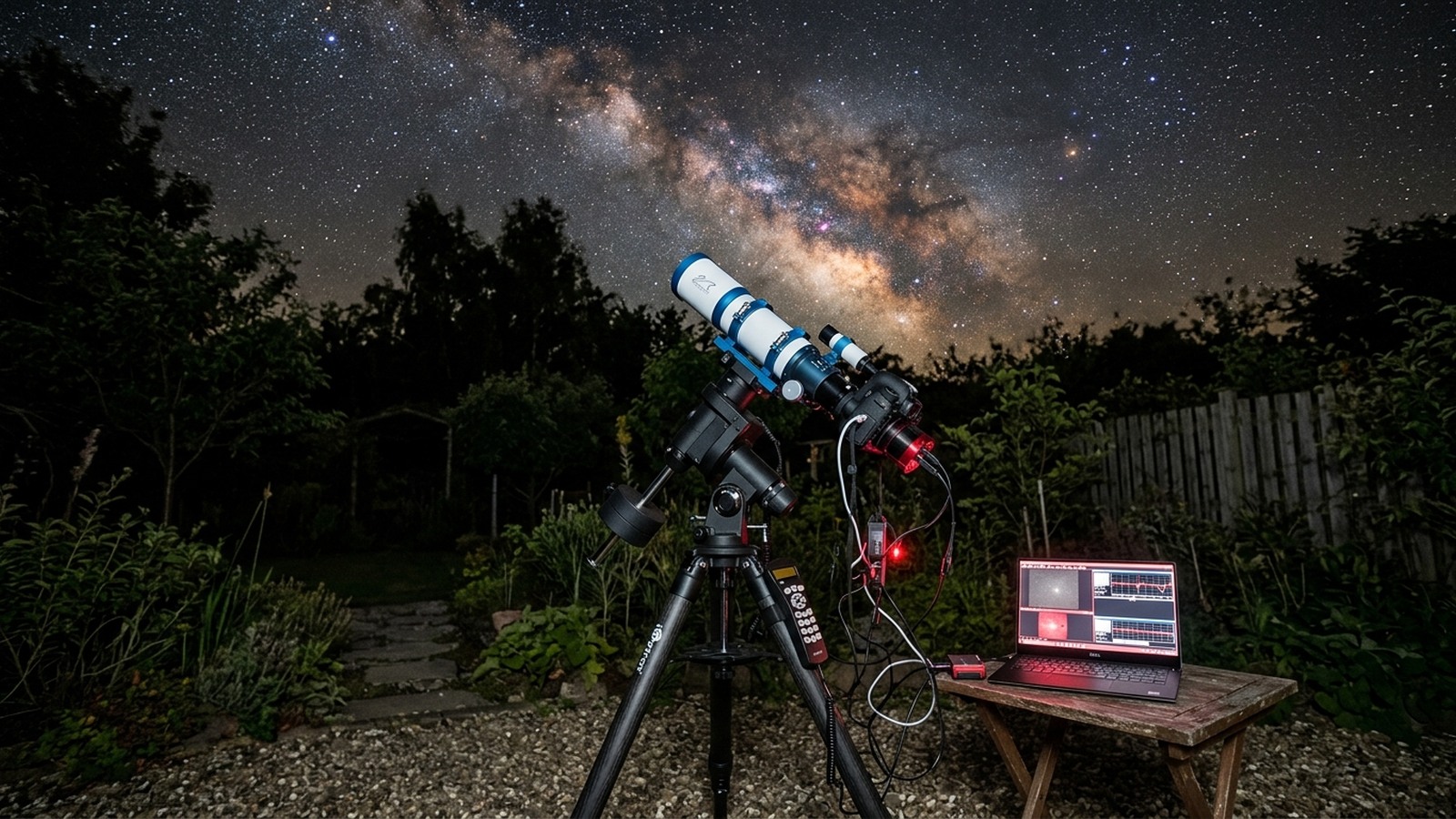 Compact refractor telescope on equatorial mount set up for astrophotography under starry sky