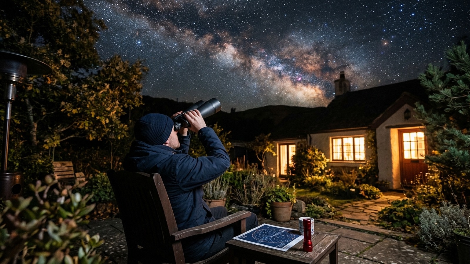 Person using astronomy binoculars under a starry sky