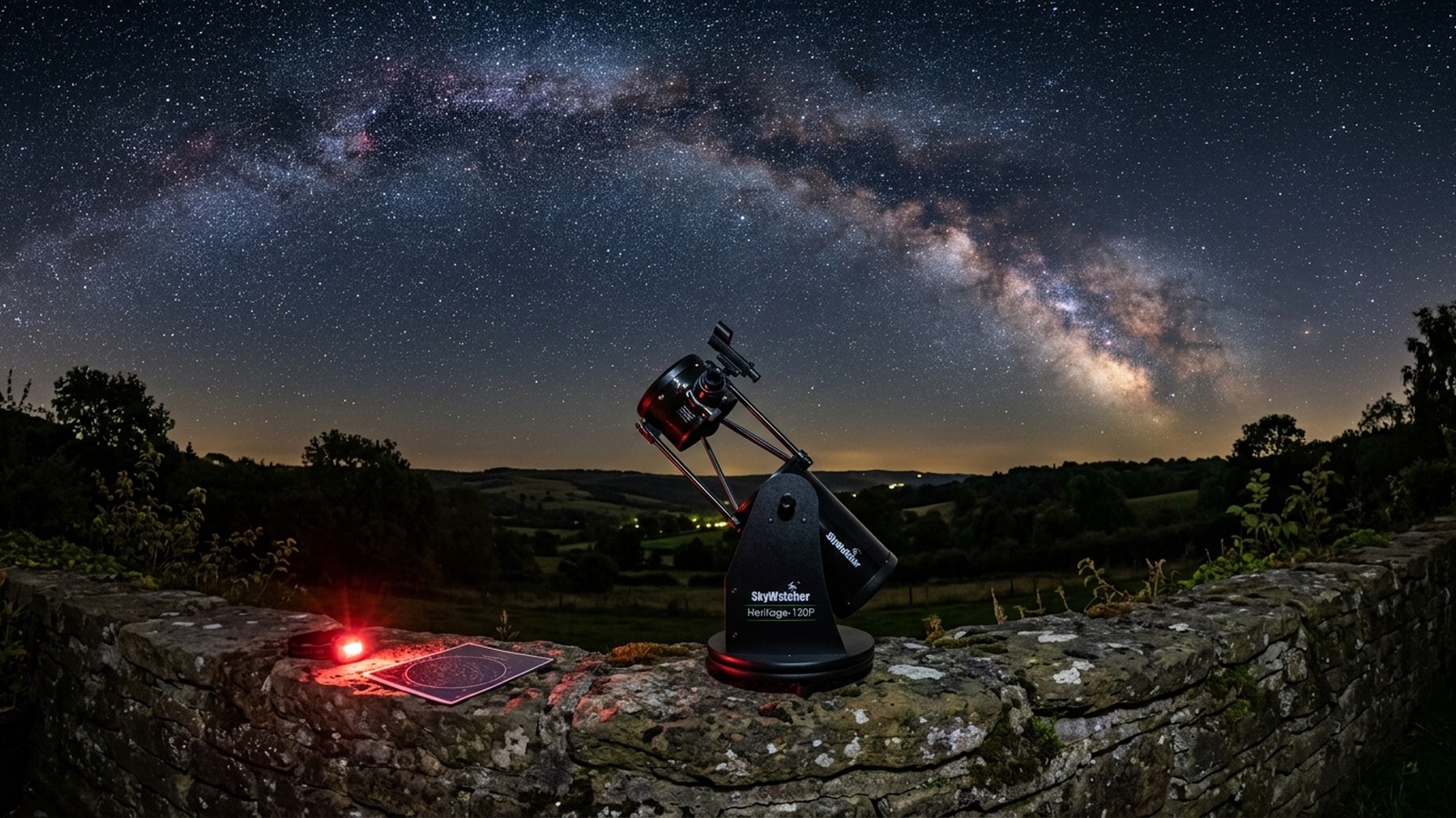 Skywatcher Heritage 130P telescope set up outdoors under a starry sky