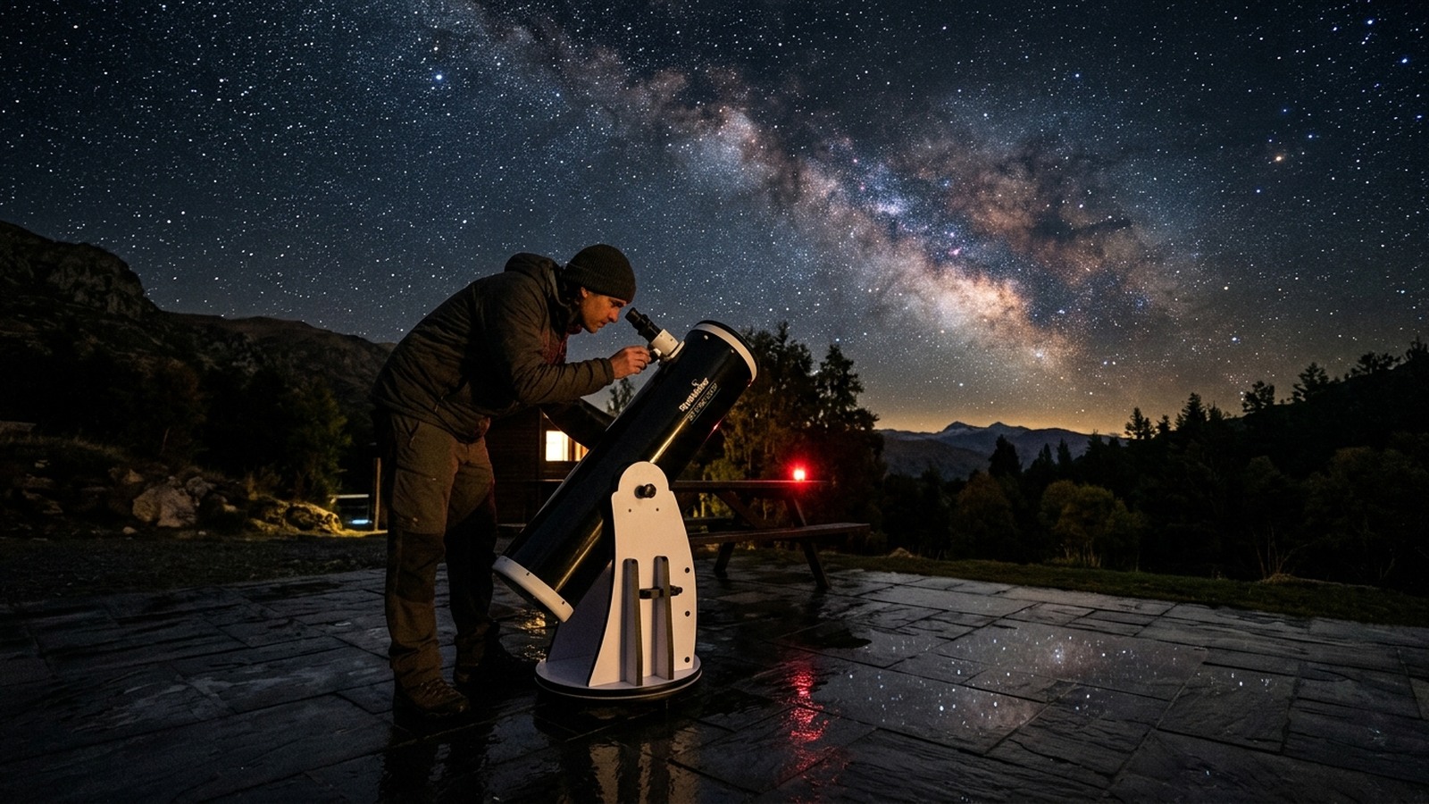 Skywatcher Skyliner 200P Dobsonian telescope under a starry night sky