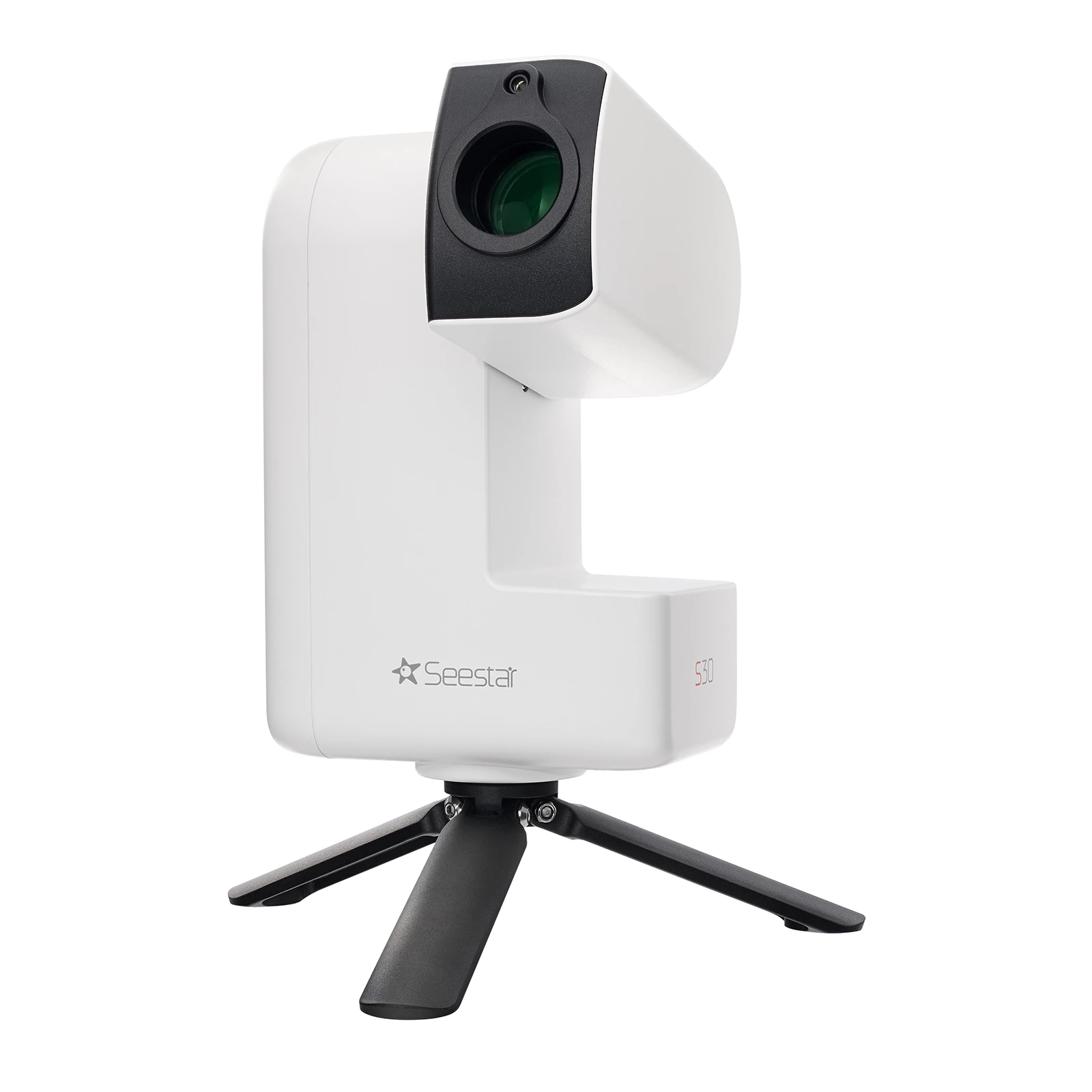ZWO Seestar S30 from the side showing the compact profile and dual-lens arrangement