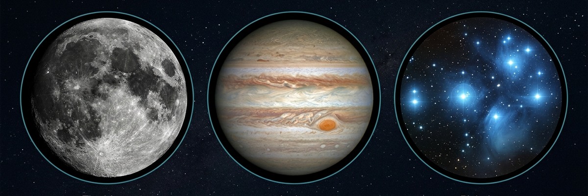 What you can see through the Heritage 130P: the Moon, Jupiter with cloud bands, and the Pleiades
