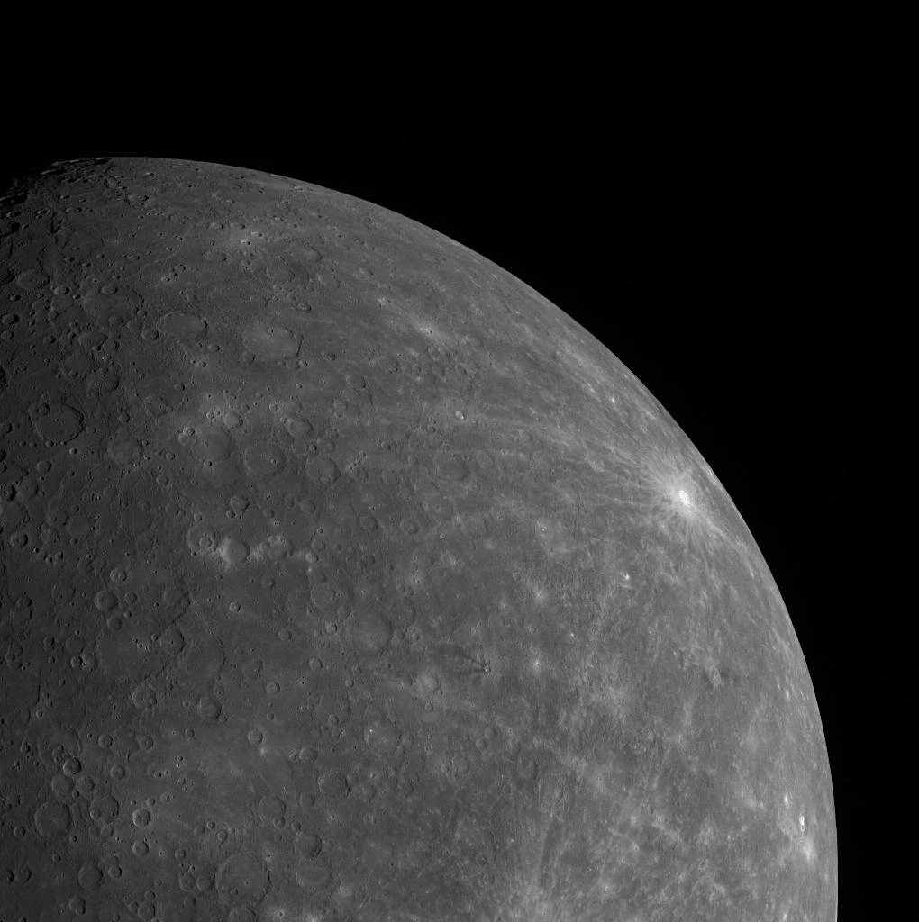 Mercury southern hemisphere showing dense impact craters and ancient plains photographed by MESSENGER spacecraft
