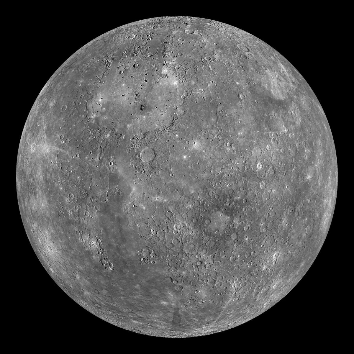 Mercury planet in enhanced colour from NASA MESSENGER spacecraft showing volcanic plains and impact craters across the full globe