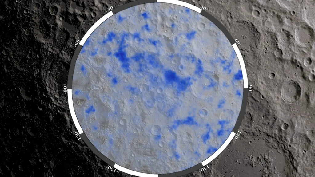 Map of the Moon's south pole showing potential water ice deposits in blue, based on data from NASA's Lunar Reconnaissance Orbiter — the darkest polar craters show the highest concentrations