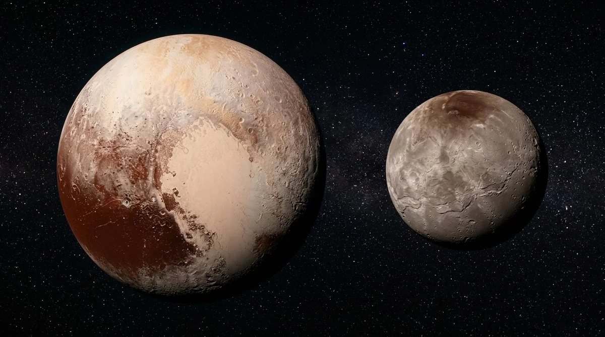 New Horizons image showing Pluto and its large moon Charon side by side in colour, taken three days before closest approach in July 2015