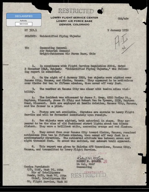 Declassified Restricted document from Lowry Flight Service Center.