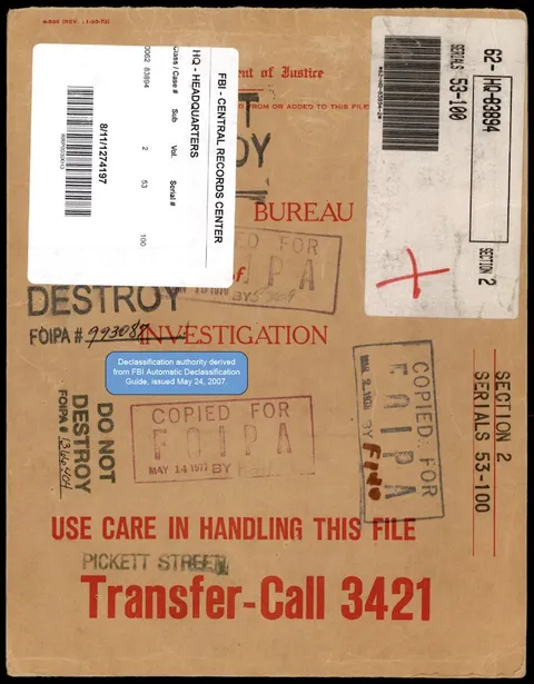 Declassified FBI file cover from the Central Records Center.