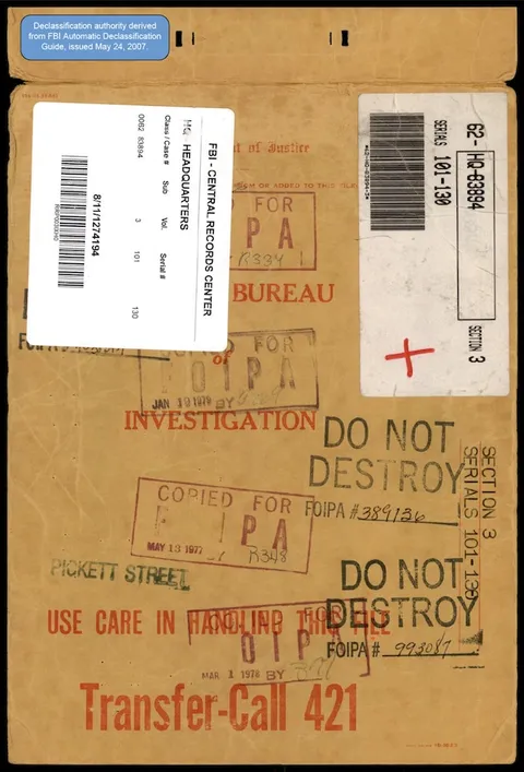 Declassified FBI file cover from the Central Records Center.