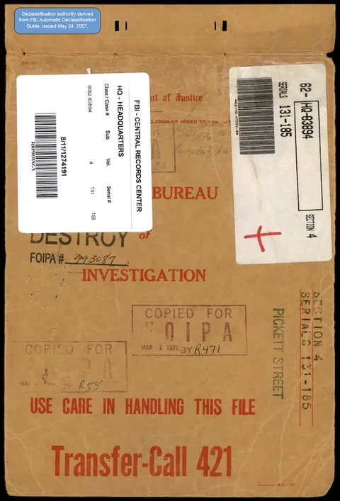 Declassified FBI file cover from the Central Records Center.