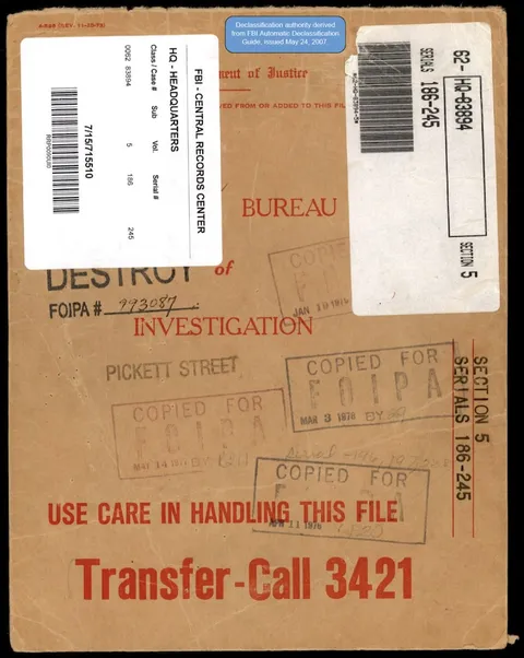 Declassified FBI file cover from the Central Records Center.