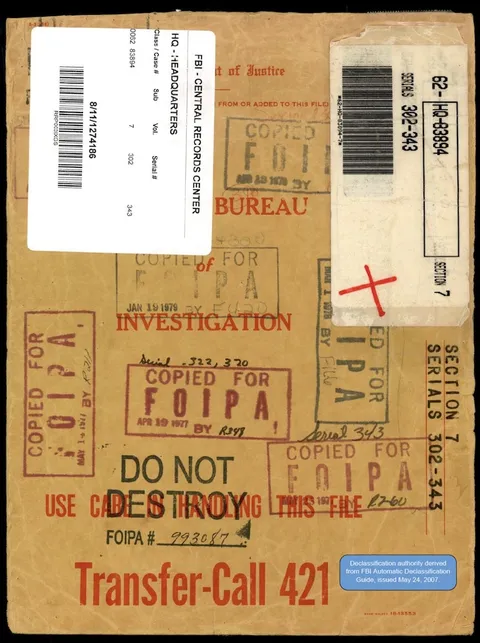 Declassified FBI file cover from the Central Records Center.