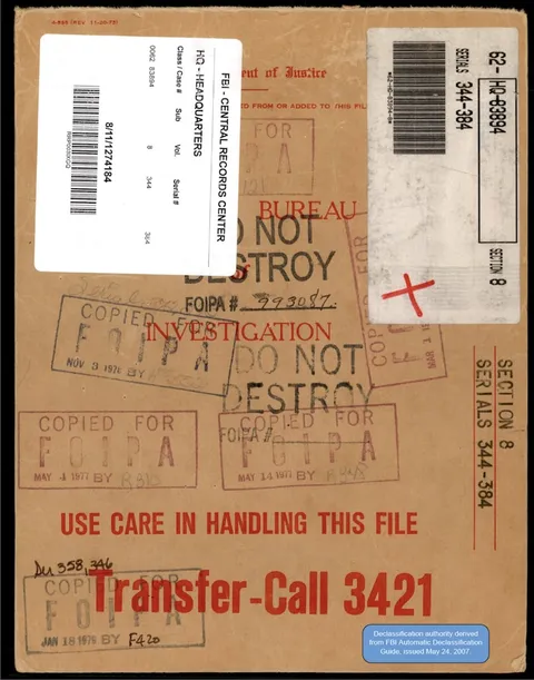 Declassified FBI file cover from the Central Records Center.