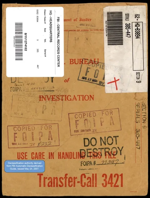 Declassified FBI file cover from the Central Records Center.