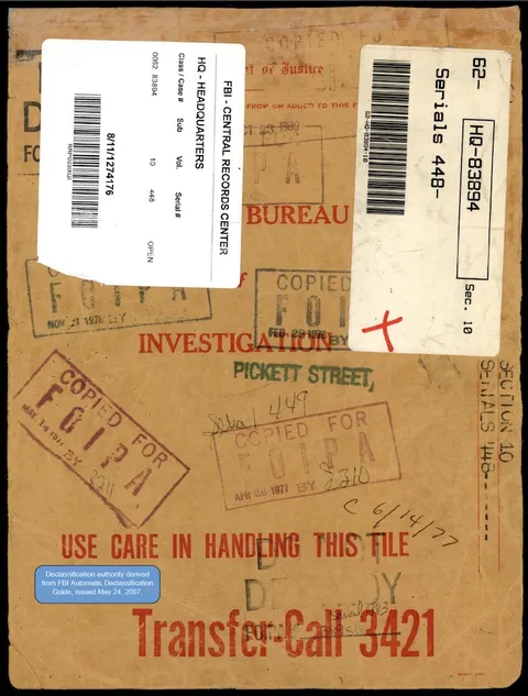 Declassified FBI file cover from the Central Records Center.