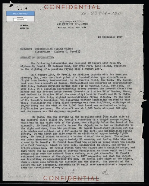 Declassified Confidential document from Headquarters Air Defense Command.