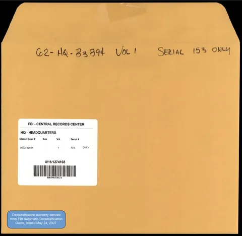 Declassified FBI Headquarters file envelope.