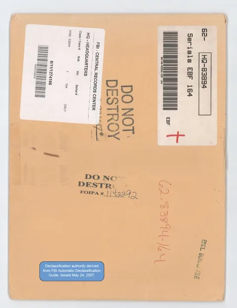 Declassified FBI file cover from the Central Records Center.