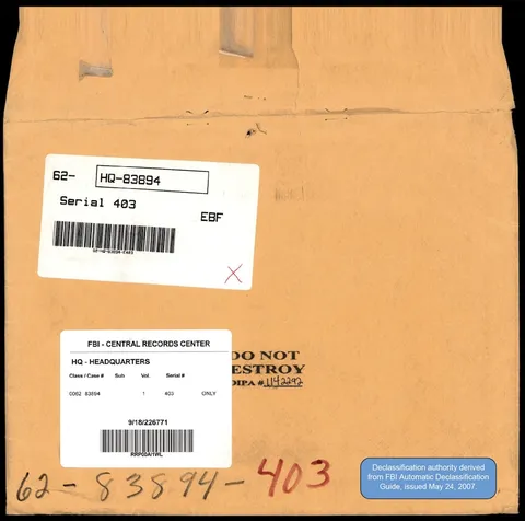 Declassified FBI Headquarters file envelope.