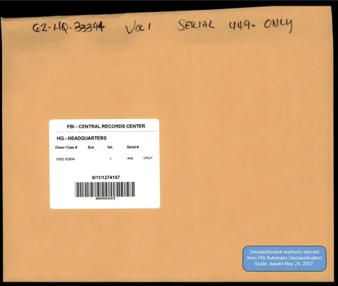 Declassified FBI Headquarters file envelope.