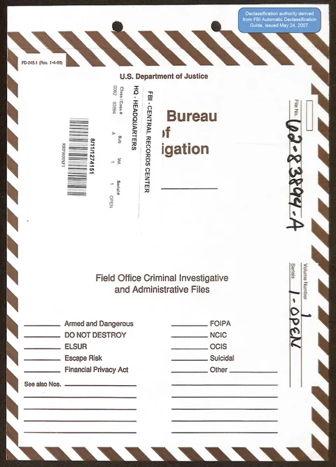 Declassified FBI file cover for criminal investigative and administrative files.