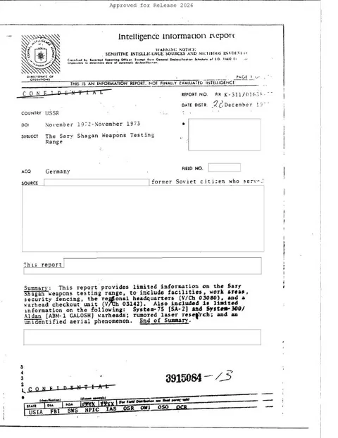Intelligence Information Report cover page with subject "The Sary Shagan Weapons Testing Range".