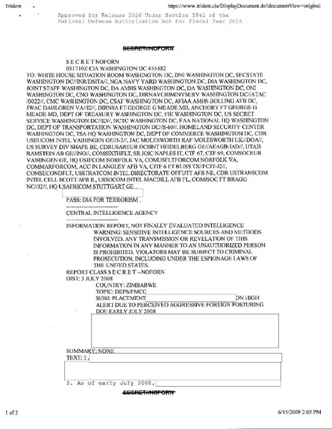 A document with routing information and the topic "ZIMBABWE".