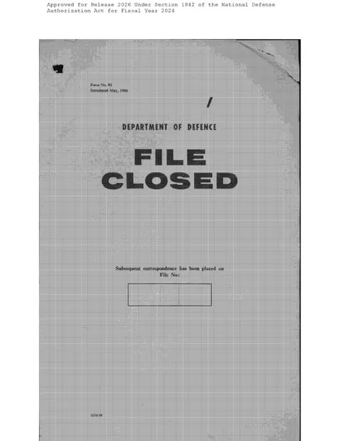 A "FILE CLOSED" cover page from the Department of Defence.