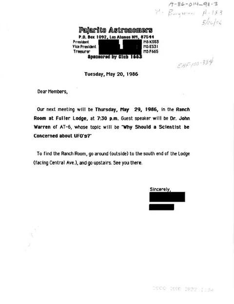 A letter announcing an upcoming talk on UFOs.