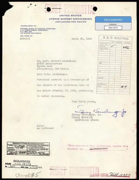 A declassified secret transmittal letter from the United States Atomic Energy Commission, dated March 22, 1949, regarding a conference on aerial phenomena.