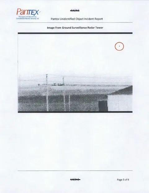 A document shows a black and white image from a ground surveillance radar tower, with a small object circled in red in the sky above a flat landscape.