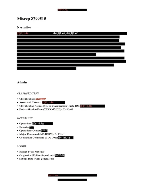 Heavily redacted government mission report document.