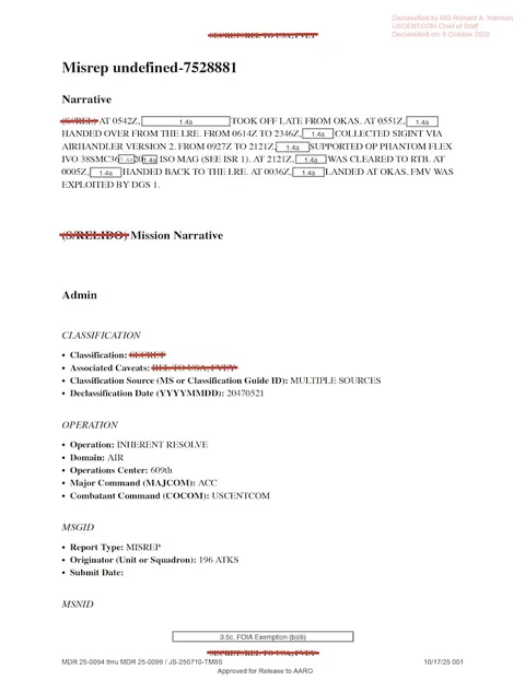 Redacted government mission report document.