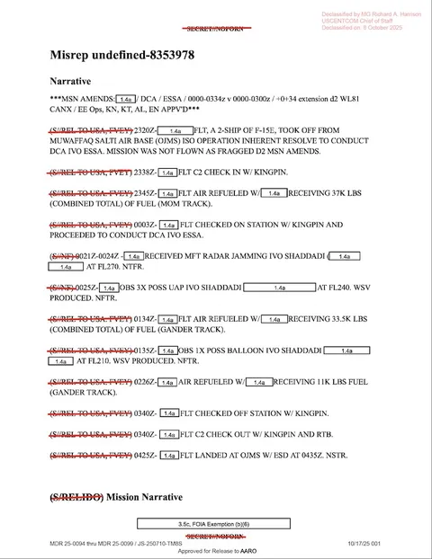 Redacted government mission report document.