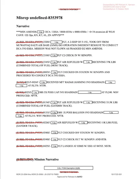 Redacted government mission report document.