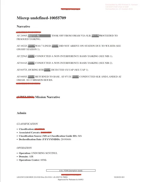 Redacted government mission report document.