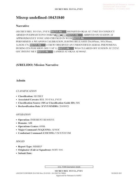 Redacted government mission report document.