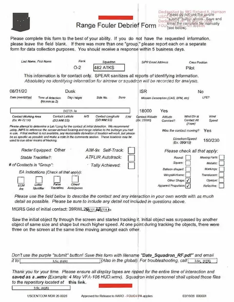 Declassified Range Fouler Debrief Form with redacted information.